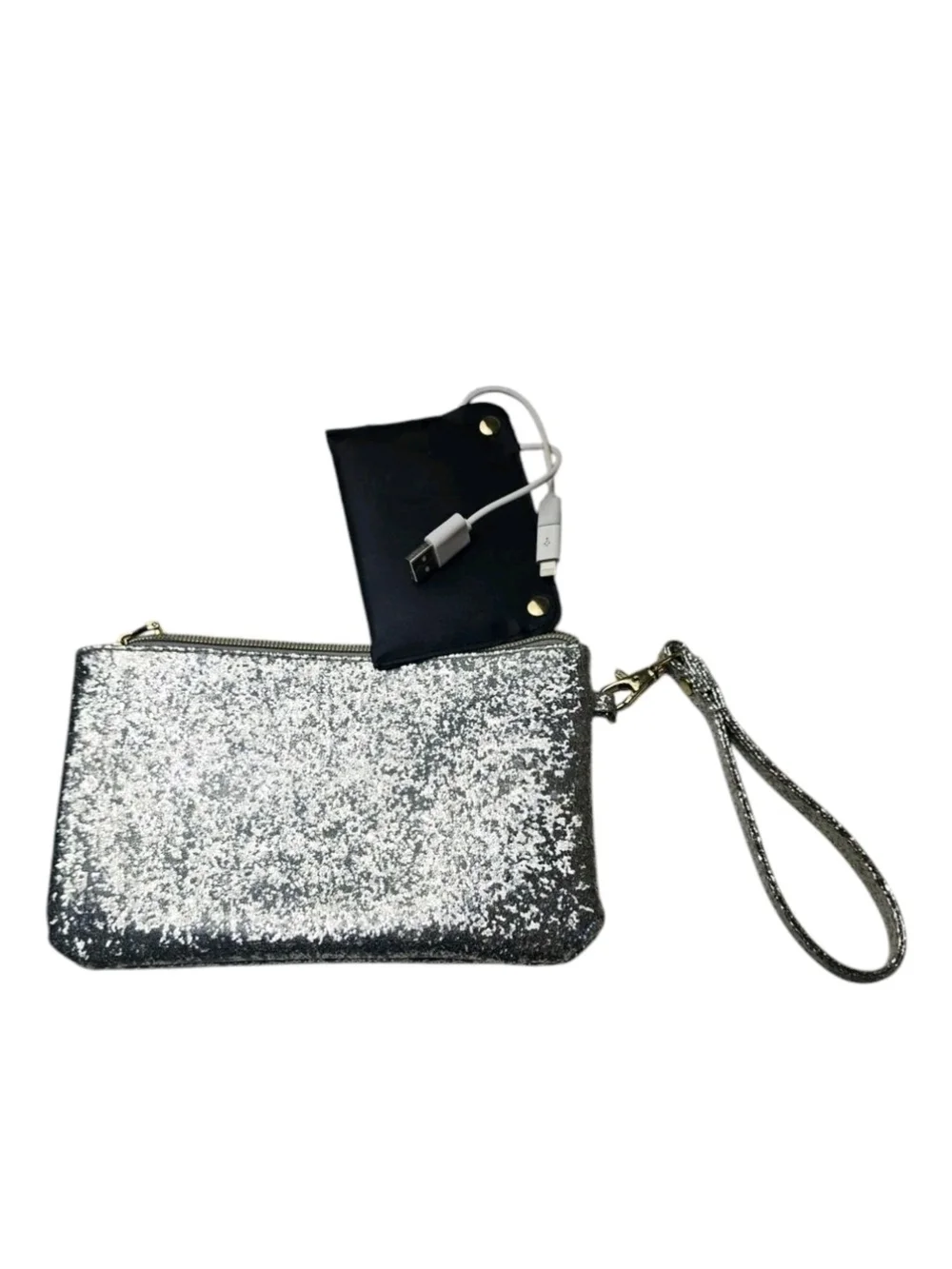 Liz Claborne Silver Glitter Wrist Wallet Phone Charger Battery USB Adapters Club